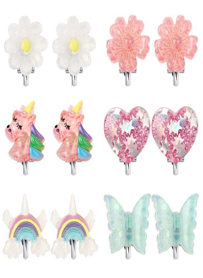 Wingchold 6Pairs Crystal Unicorn Clip On Earrings for Little Girls, Rainbow Clip-on Jewelry Butterfly Earrings Toddler Girls Dress Up Jewelry - Image 1